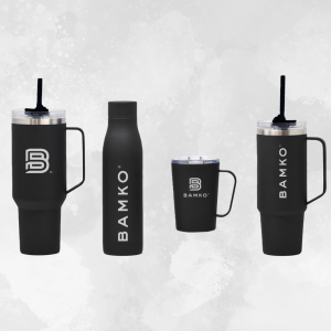 Collection of drink ware with BAMKO logo on them