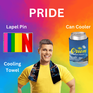 Pride Products for April Lookbook - Lapel Pins, A cooling towel and a can cooler
