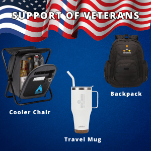 Support Veterans 3 Products for April Lookbook - A cooler chair, a backpack and a travel mug