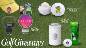 Golf giveaway essentials including golf-ball shaped sunscreen and golf ball textured beer koozie. 