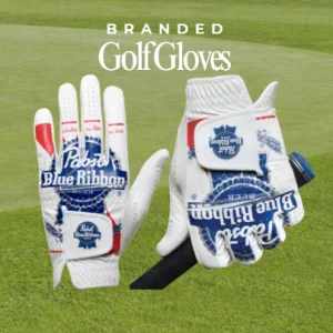 branded golf gloves with Pabst Blue Ribbon logo 
