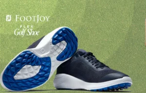 black golf shoe with blue and white tread. 